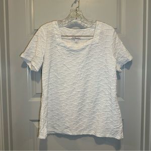 Kim Rogers White Textured Square Neck Short Sleeve Tops size M